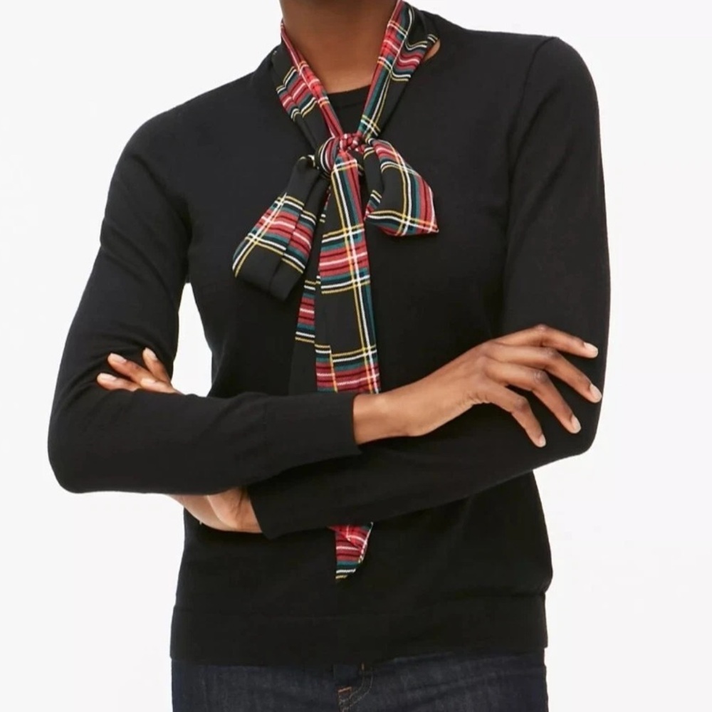J. Crew Black Merino Wool Sweater Tartan Plaid Scarf XXS